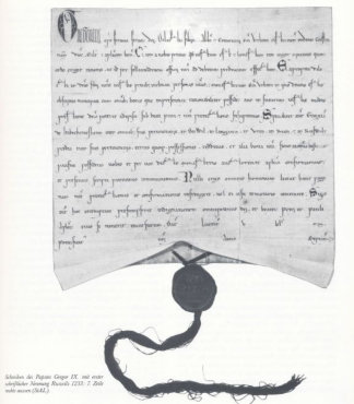 Schreiben von Papst Gregor IX. mit erster schriftlicher Nennung Ruswils 1233 (7. Zeile rechts aussen).